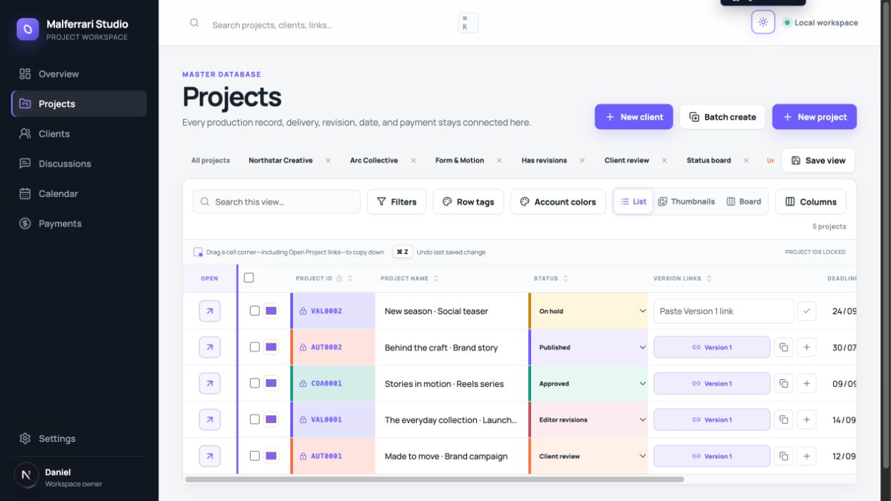 Project database with deadlines, status, and version links for fictional creative projects.